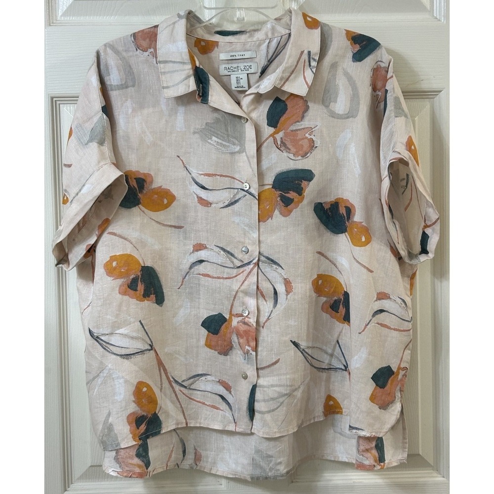 Rachel Zoe 100% Linen Floral Print Button Up Collared Shirt LG Peach EUC